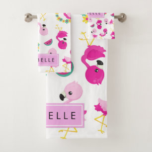 Tropisches Muster, Flamingos, Blume, Ihr Name Badhandtuch Set