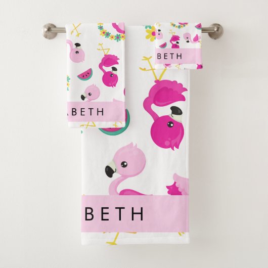 Tropisches Muster, Flamingos, Blume, Ihr Name Badhandtuch Set (Insitu)