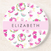 Tropisches Muster, Flamingos, Blume, Ihr Name Getränkeuntersetzer (Vorne)