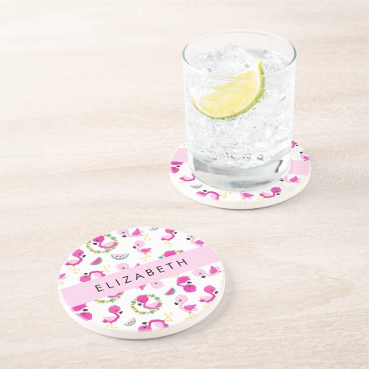Tropisches Muster, Flamingos, Blume, Ihr Name Getränkeuntersetzer (Seite)