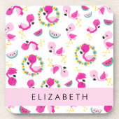 Tropisches Muster, Flamingos, Blume, Ihr Name Getränkeuntersetzer (Vorderseite)