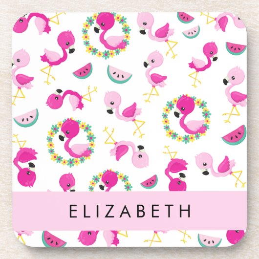 Tropisches Muster, Flamingos, Blume, Ihr Name Getränkeuntersetzer (Vorderseite)