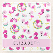 Tropisches Muster, Flamingos, Blume, Ihr Name Glasuntersetzer (Vorderseite)