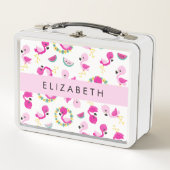 Tropisches Muster, Flamingos, Blume, Ihr Name Metall Brotdose (Vorderseite)