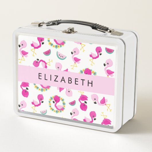 Tropisches Muster, Flamingos, Blume, Ihr Name Metall Brotdose (Vorderseite)