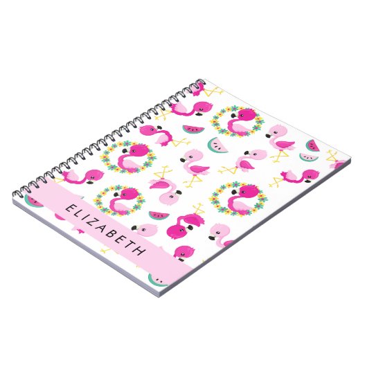 Tropisches Muster, Flamingos, Blume, Ihr Name Notizblock (Linke Seite)