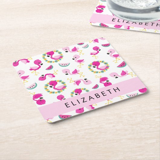 Tropisches Muster, Flamingos, Blume, Ihr Name Rechteckiger Pappuntersetzer (angewinkelt)