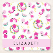 Tropisches Muster, Flamingos, Blume, Ihr Name Rechteckiger Pappuntersetzer (Vorderseite)
