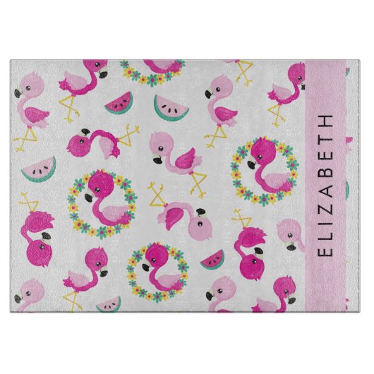 Tropisches Muster, Flamingos, Blume, Ihr Name Schneidebrett (Vorderseite)