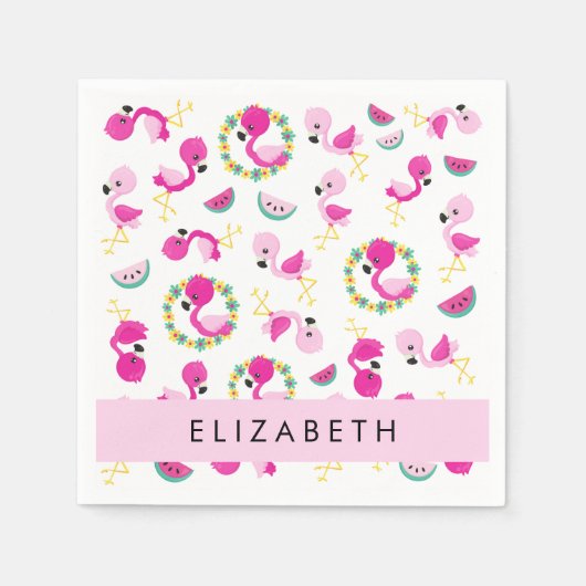 Tropisches Muster, Flamingos, Blume, Ihr Name Serviette (Vorderseite)