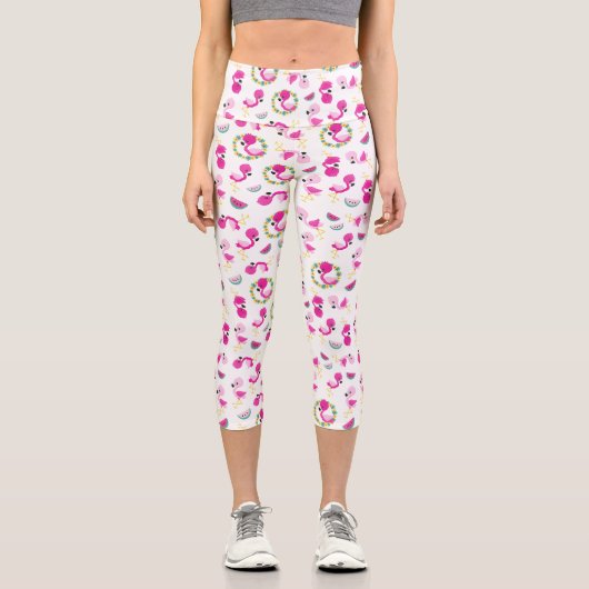 Tropisches Muster, Flamingos, Wassermelonen, Blume Capri Leggings (Vorderseite)