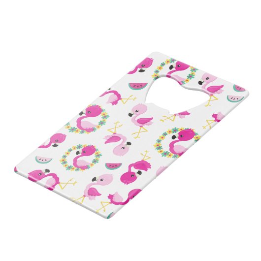 Tropisches Muster, Flamingos, Wassermelonen, Blume Geldbeutel Flaschenöffner (Vorderseite Schrägansicht)