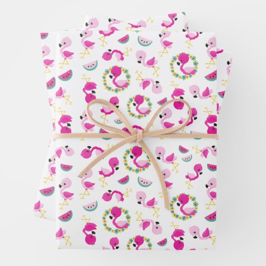 Tropisches Muster, Flamingos, Wassermelonen, Blume Geschenkpapier Set (Beispiel)