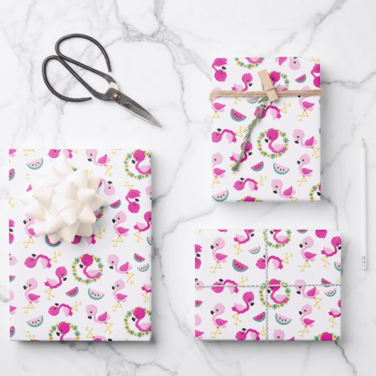 Tropisches Muster, Flamingos, Wassermelonen, Blume Geschenkpapier Set (Vorderseite)