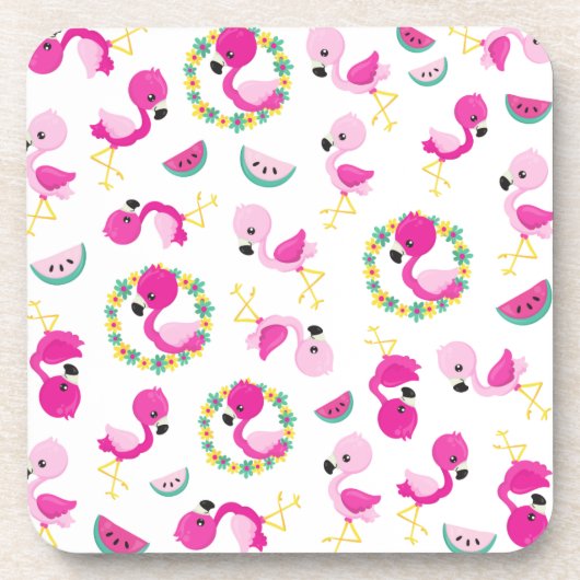 Tropisches Muster, Flamingos, Wassermelonen, Blume Getränkeuntersetzer (Vorderseite)