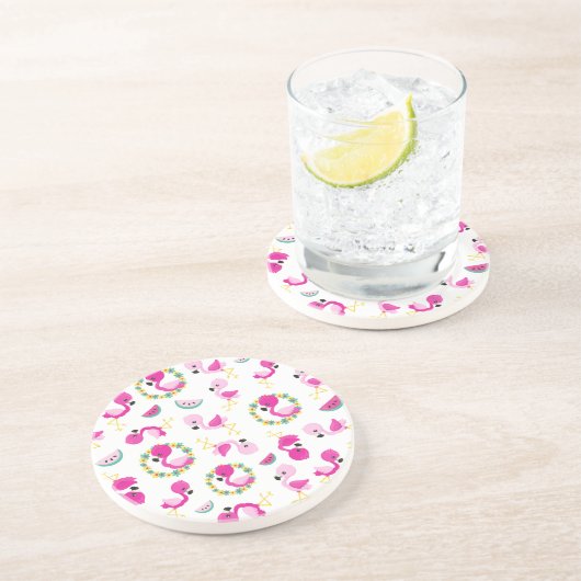 Tropisches Muster, Flamingos, Wassermelonen, Blume Getränkeuntersetzer (Seite)