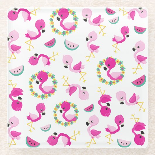 Tropisches Muster, Flamingos, Wassermelonen, Blume Glasuntersetzer (Vorderseite)
