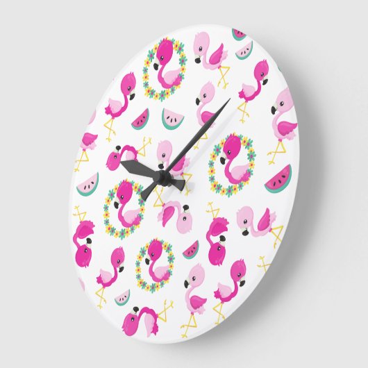 Tropisches Muster, Flamingos, Wassermelonen, Blume Große Wanduhr (Winkel)