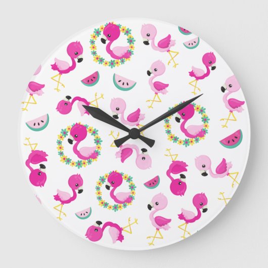 Tropisches Muster, Flamingos, Wassermelonen, Blume Große Wanduhr (Vorderseite)
