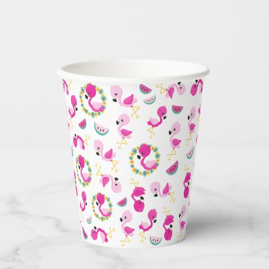 Tropisches Muster, Flamingos, Wassermelonen, Blume Pappbecher (Vorderseite)