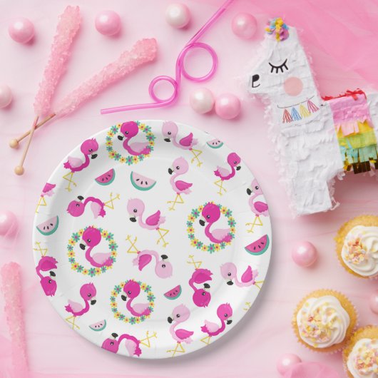 Tropisches Muster, Flamingos, Wassermelonen, Blume Pappteller (Party)