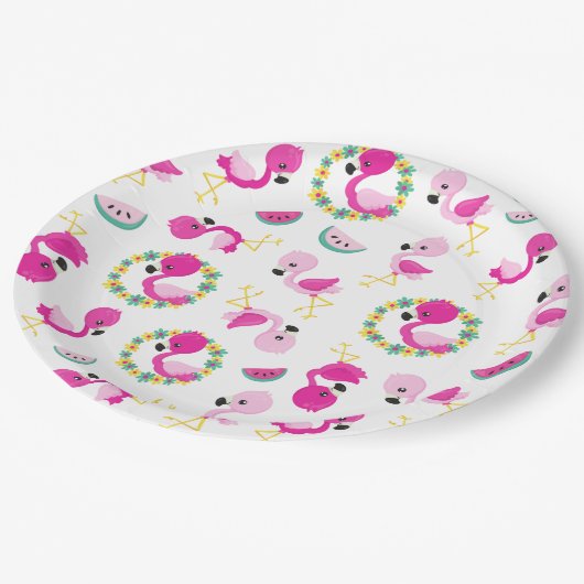 Tropisches Muster, Flamingos, Wassermelonen, Blume Pappteller (Schrägansicht)