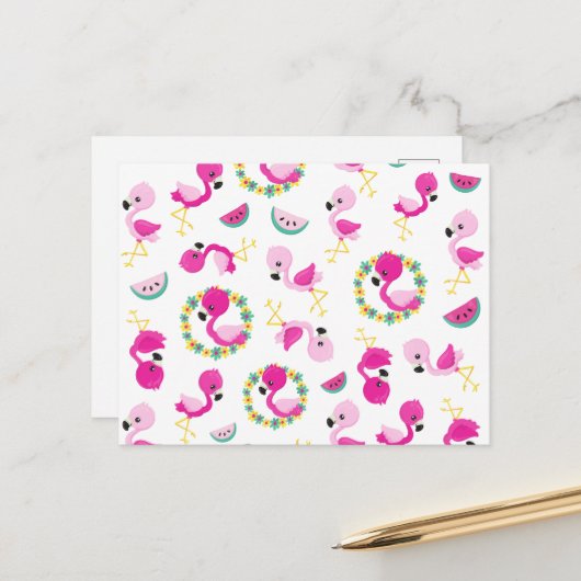 Tropisches Muster, Flamingos, Wassermelonen, Blume Postkarte (Vorderseite/Rückseite Beispiel)