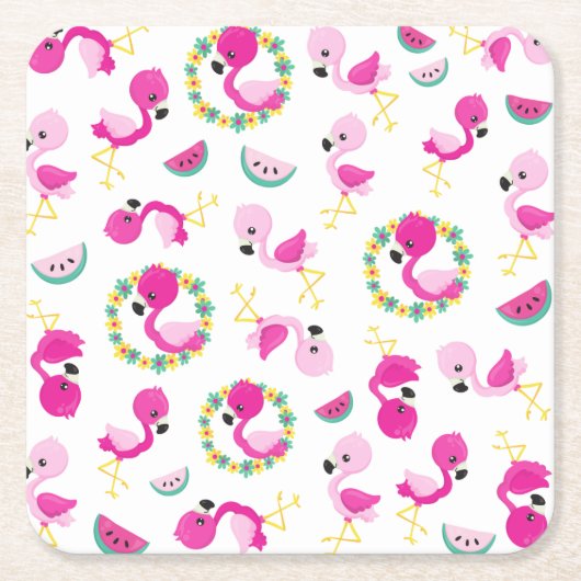 Tropisches Muster, Flamingos, Wassermelonen, Blume Rechteckiger Pappuntersetzer (Vorderseite)