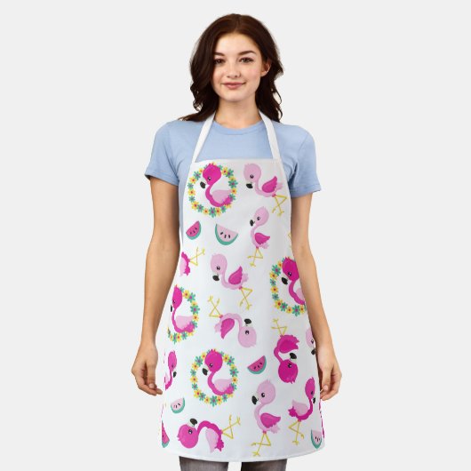 Tropisches Muster, Flamingos, Wassermelonen, Blume Schürze (Getragen)