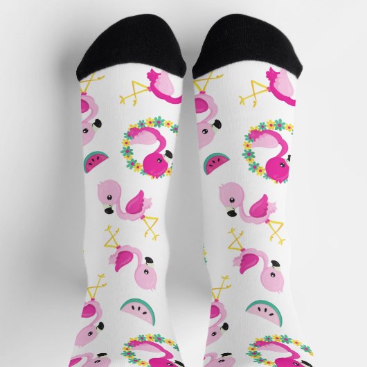 Tropisches Muster, Flamingos, Wassermelonen, Blume Socken (Oben)