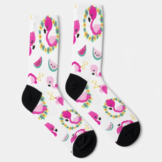 Tropisches Muster, Flamingos, Wassermelonen, Blume Socken (Rechts)