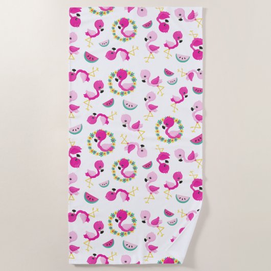 Tropisches Muster, Flamingos, Wassermelonen, Blume Strandtuch (Vorderseite)