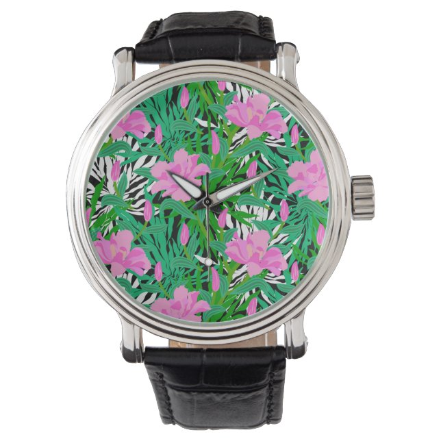 Tropisches Muster mit DschungelBlume Armbanduhr (Vorderseite)