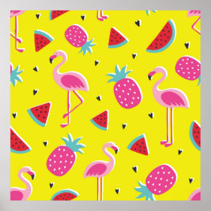 tropisches Muster mit rosa Ananas, Flamingos, w Poster