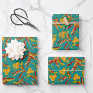 Tropisches Muster mit roten und gelben Blättern Geschenkpapier Set