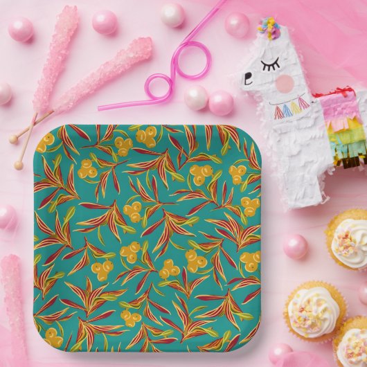 Tropisches Muster mit roten und gelben Blättern Pappteller (Party)