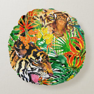tropisches nahtloses Muster mit Tiger. Aquarell j Rundes Kissen