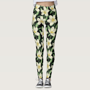 Tropisches nahtloses Muster weiße Blumen grüner Bl Leggings