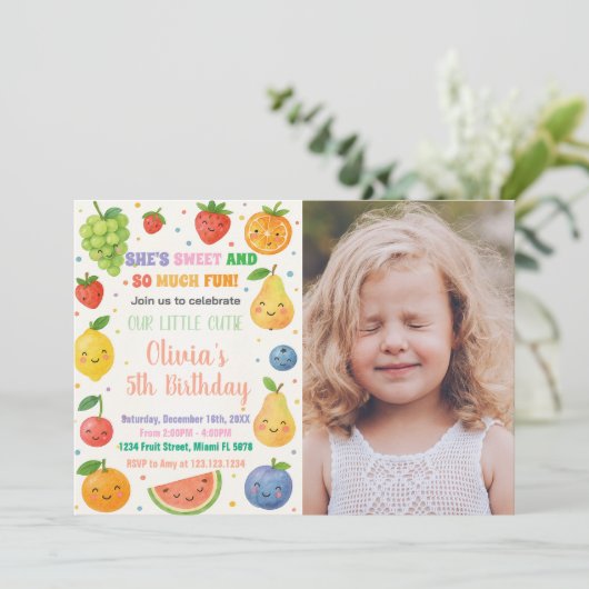 Tropisches Obst Geburtstag Einladung mit Foto (Stehend Vorderseite)