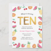 Tropisches Obst Gold 10. Geburtstag Einladung (Vorderseite)