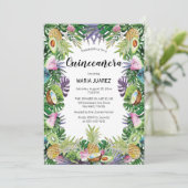 Tropisches Obst | Greenery Sunset Quinceañera Einladung (Stehend Vorderseite)