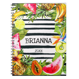Tropisches Obst und Blume auf schwarzen Streifen Notizblock