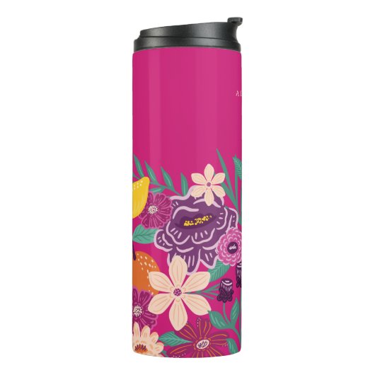 Tropisches Obst und Wildblumen Botanisches Rosa Thermosbecher (Nach links gedreht)