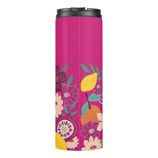 Tropisches Obst und Wildblumen Botanisches Rosa Thermosbecher (Rückseite)