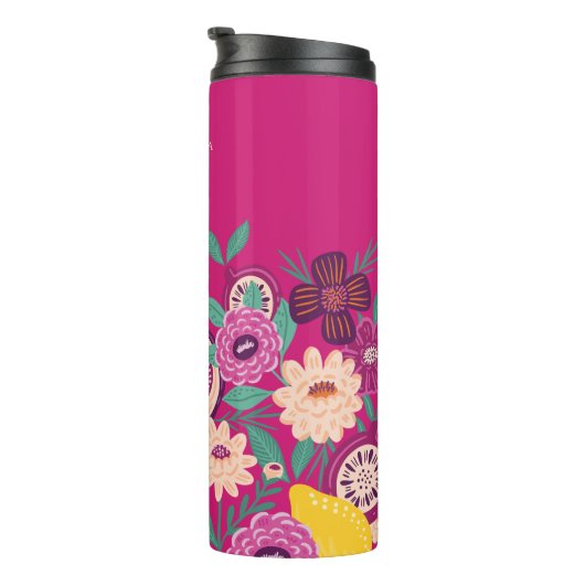Tropisches Obst und Wildblumen Botanisches Rosa Thermosbecher (Nach rechts gedreht)