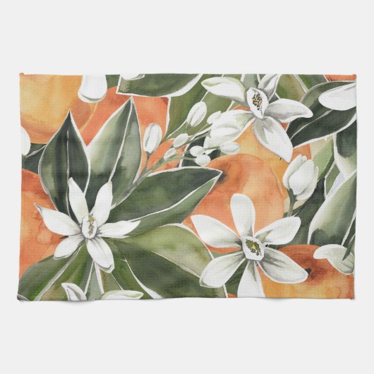 Tropisches Orange & Blume Wasserfarbmuster Geschirrtuch (Horizontal)