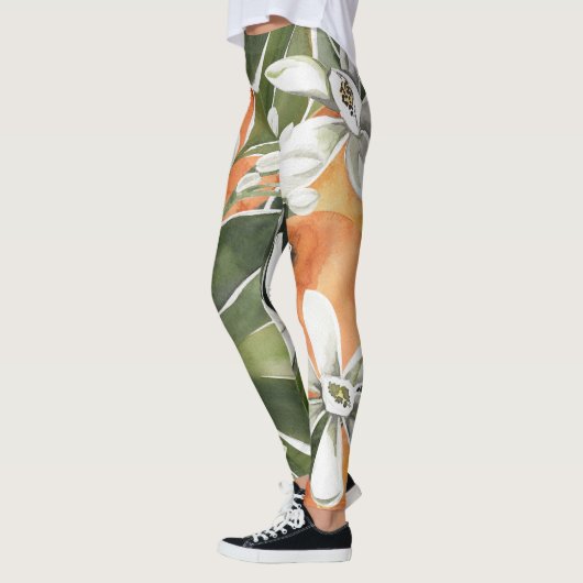 Tropisches Orange & Blume Wasserfarbmuster Leggings (Links)