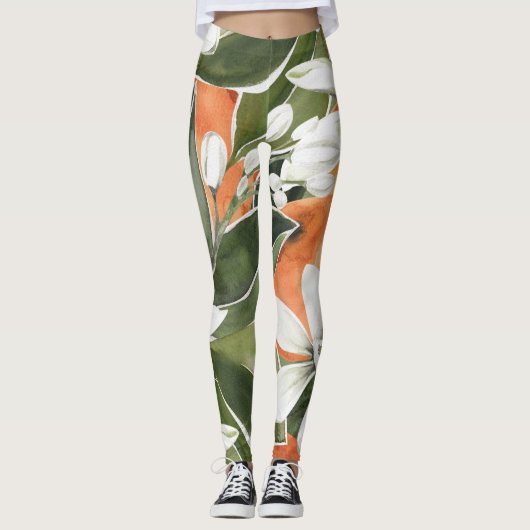 Tropisches Orange & Blume Wasserfarbmuster Leggings (Vorderseite)