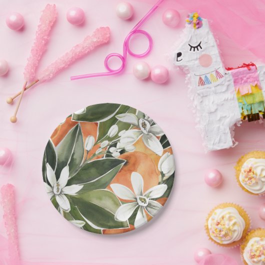 Tropisches Orange & Blume Wasserfarbmuster Pappteller (Party)