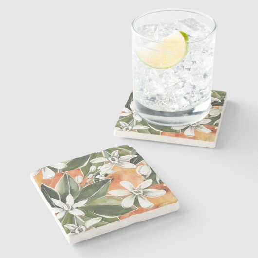 Tropisches Orange & Blume Wasserfarbmuster Steinuntersetzer (Seitenansicht)